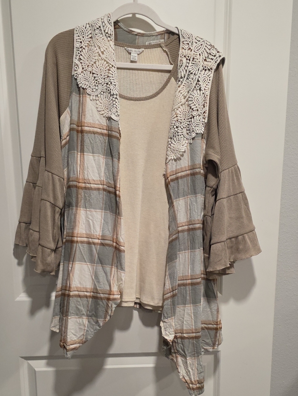 Two Piece - Boho Knot Top With Plaid And Lace Vest
